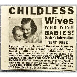 Warner Co. "Free Information for Childless Wives who Wish Babies" Print Ad 1939